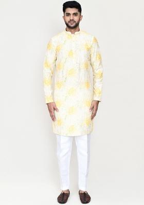 Yellow Printed Rayon Kurta Set For Men