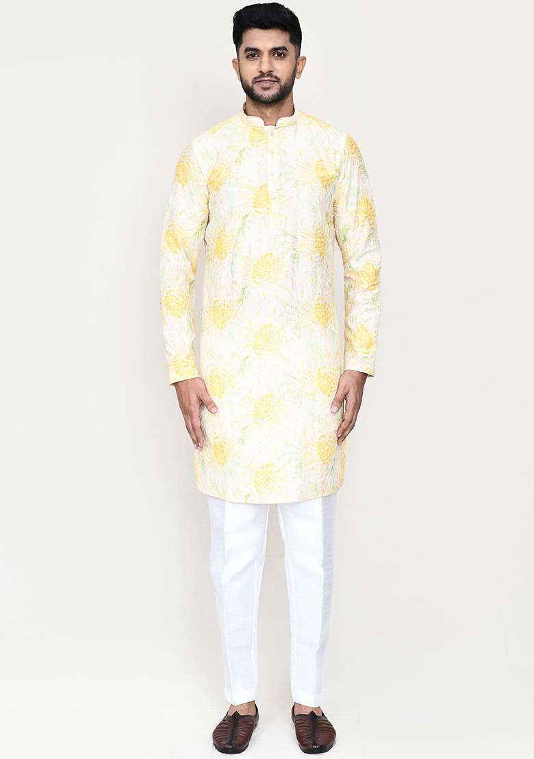 Yellow Printed Rayon Kurta Set For Men - Indya