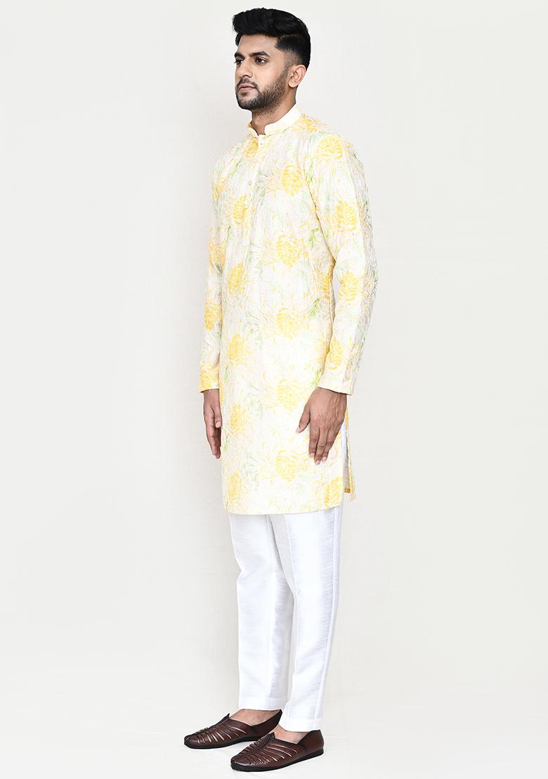 Yellow Printed Rayon Kurta Set For Men