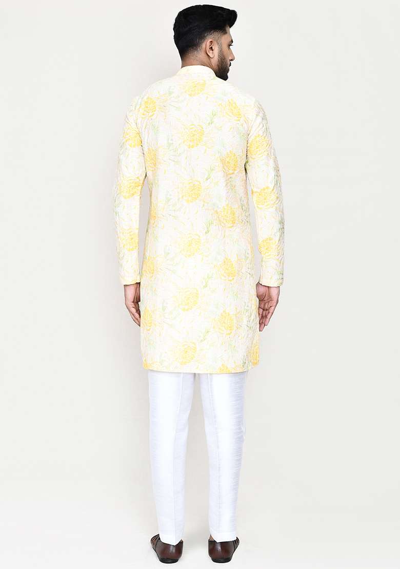 Yellow Printed Rayon Kurta Set For Men - Indya