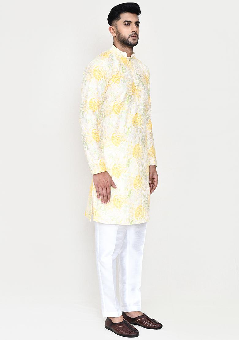 Yellow Printed Rayon Kurta Set For Men