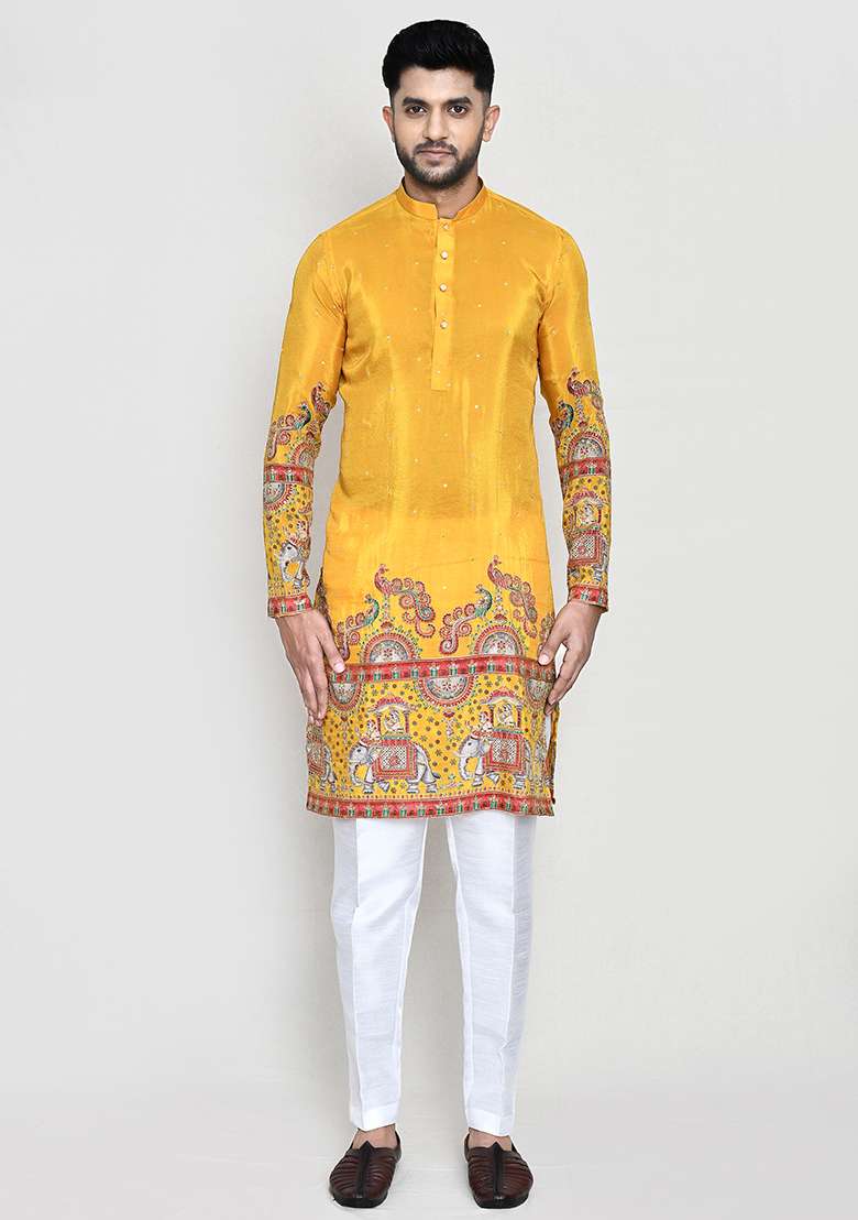 White Printed Rayon Kurta Set For Men - Indya