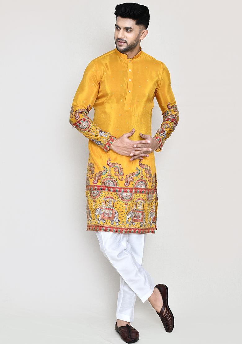 White Printed Rayon Kurta Set For Men