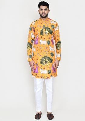 White Thread Work Rayon Kurta Set For Men