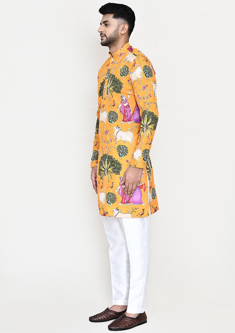 White Thread Work Rayon Kurta Set For Men