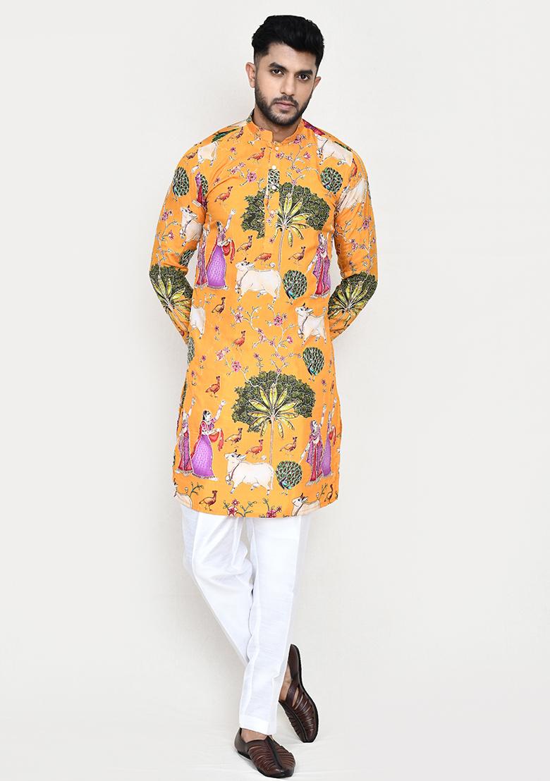 White Thread Work Rayon Kurta Set For Men