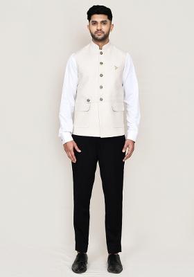 White Plain Art Silk Nehru Jacket Set For Men