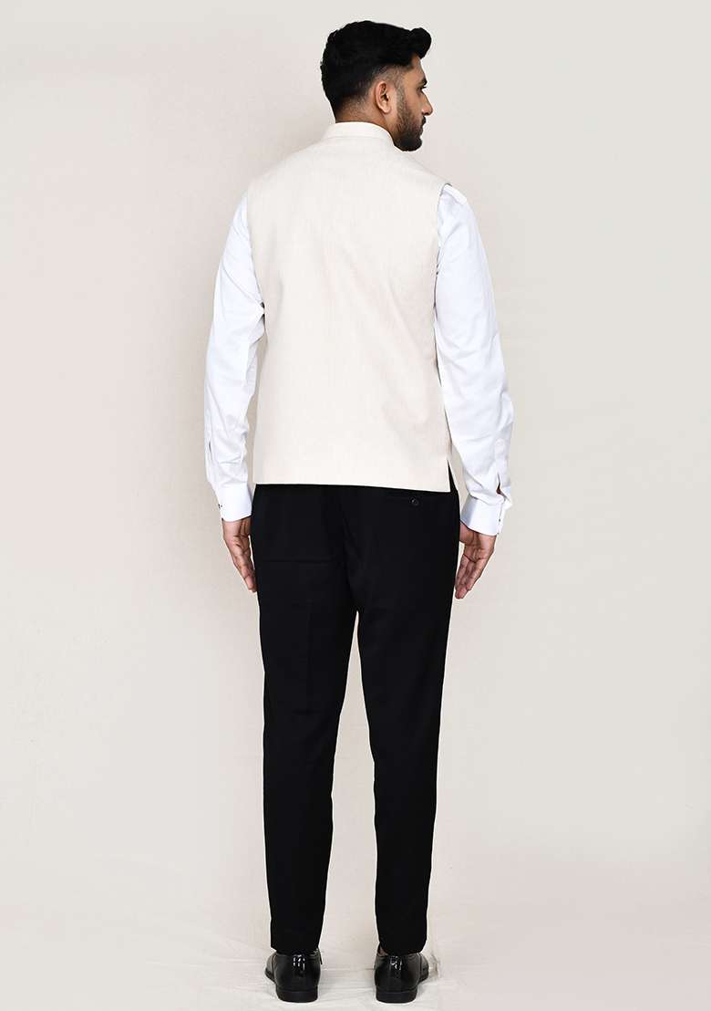 White Plain Art Silk Nehru Jacket Set For Men - Indya