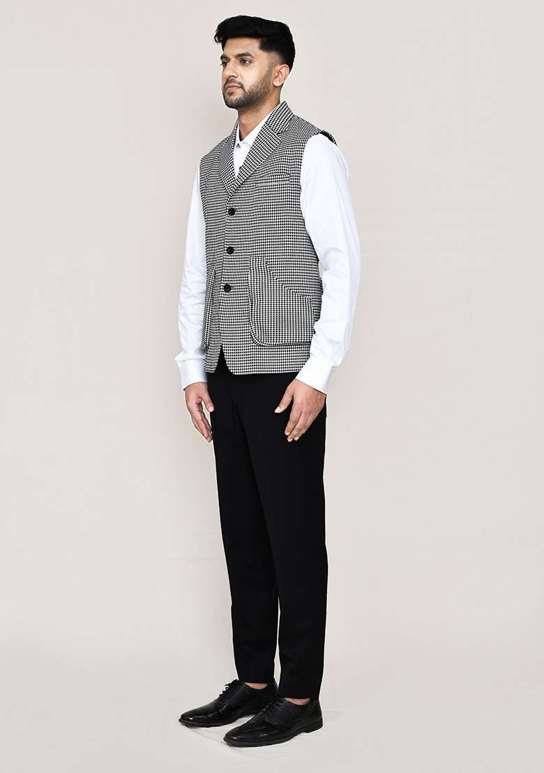 White Plain Art Silk Nehru Jacket Set For Men - Indya