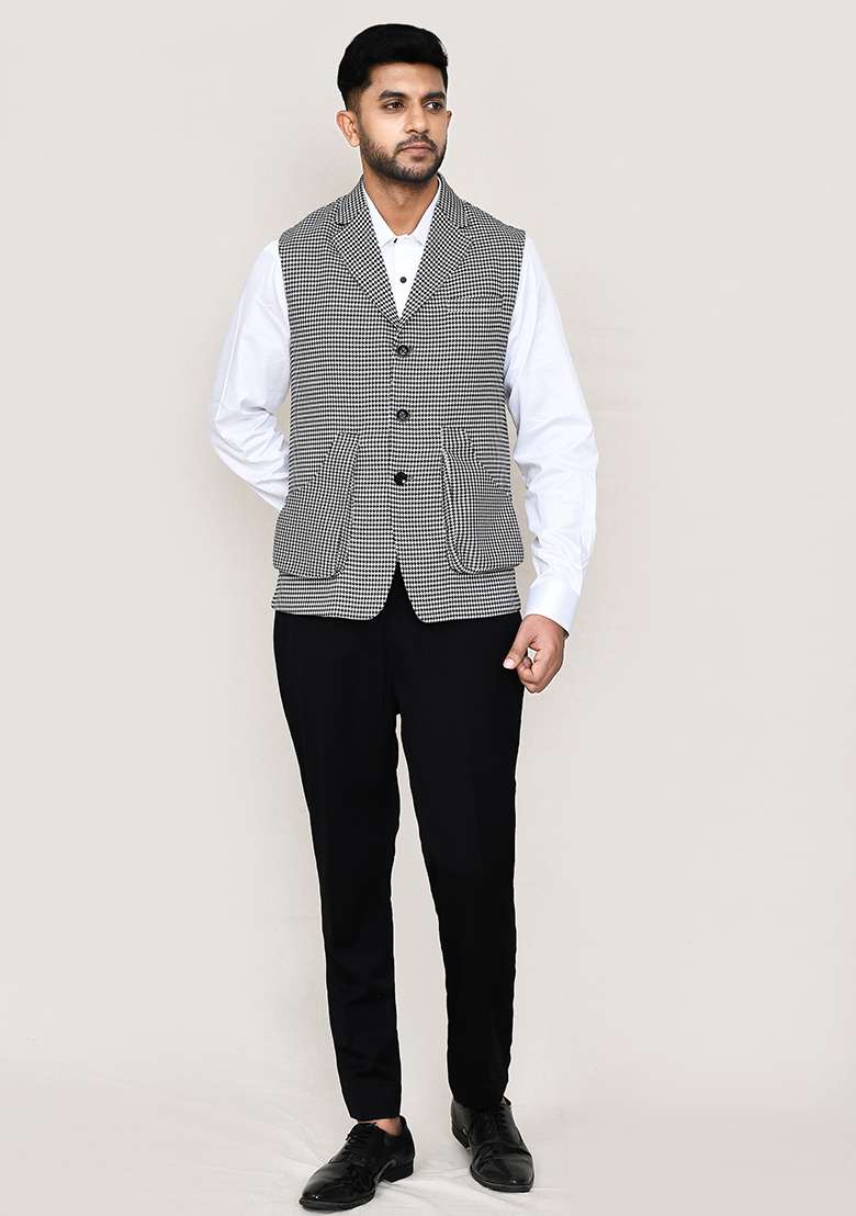 White Plain Art Silk Nehru Jacket Set For Men - Indya