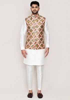 White Printed Art Silk Nehru Jacket Set For Men