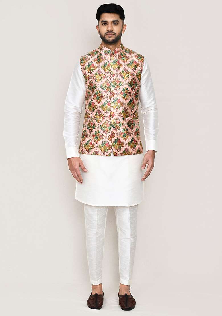 White Printed Art Silk Nehru Jacket Set For Men - Indya