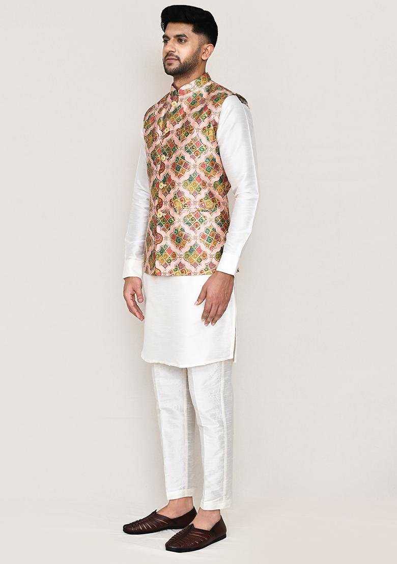 White Printed Art Silk Nehru Jacket Set For Men