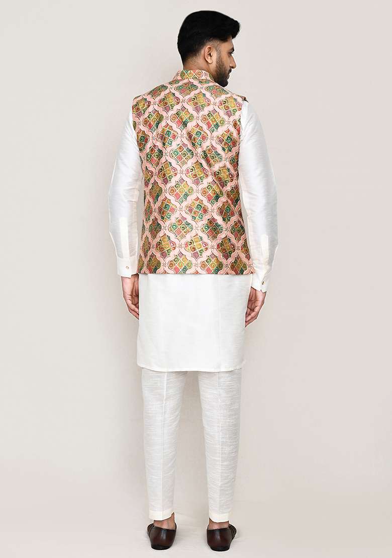 White Printed Art Silk Nehru Jacket Set For Men - Indya