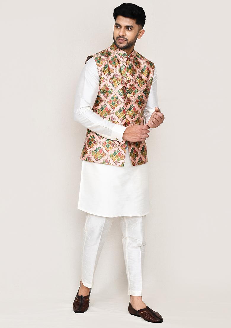 White Printed Art Silk Nehru Jacket Set For Men