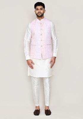 White Printed Art Silk Nehru Jacket Set For Men