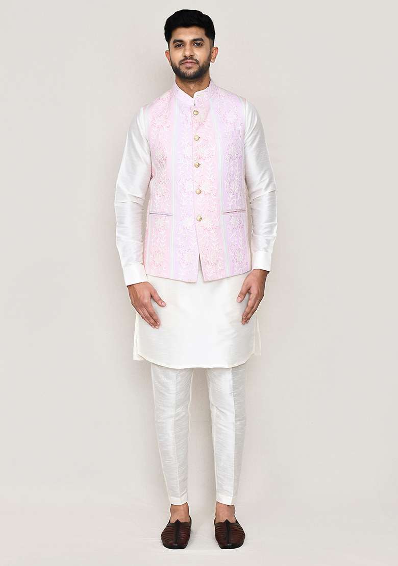 White Printed Art Silk Nehru Jacket Set For Men - Indya