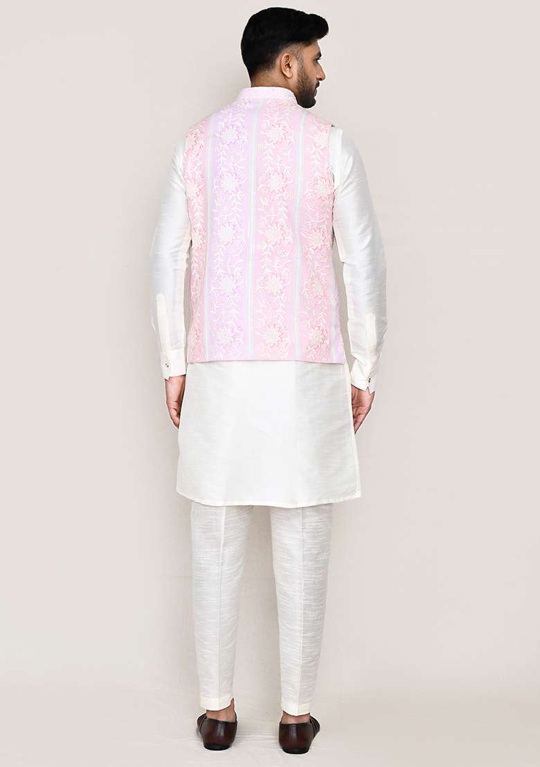 White Printed Art Silk Nehru Jacket Set For Men - Indya
