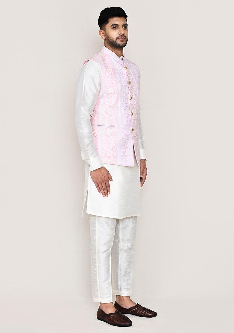 White Printed Art Silk Nehru Jacket Set For Men