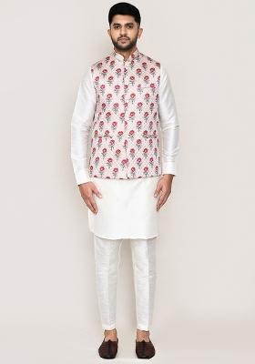 White Printed Art Silk Nehru Jacket Set For Men