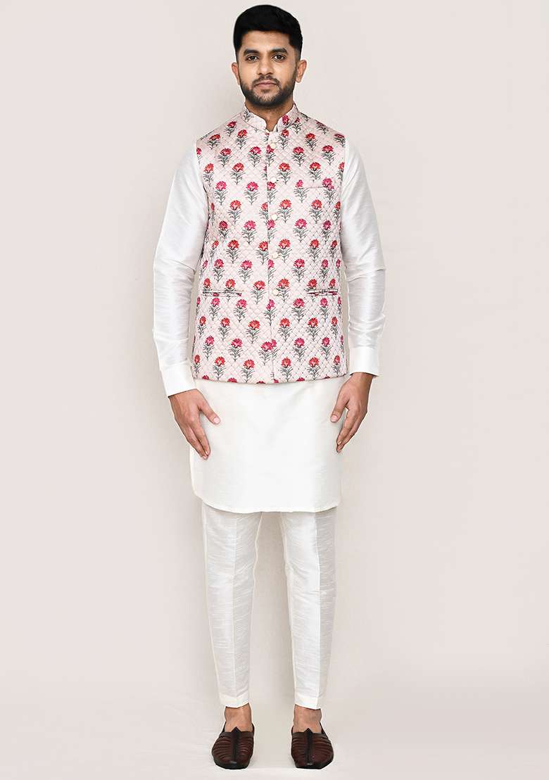 White Printed Art Silk Nehru Jacket Set For Men - Indya