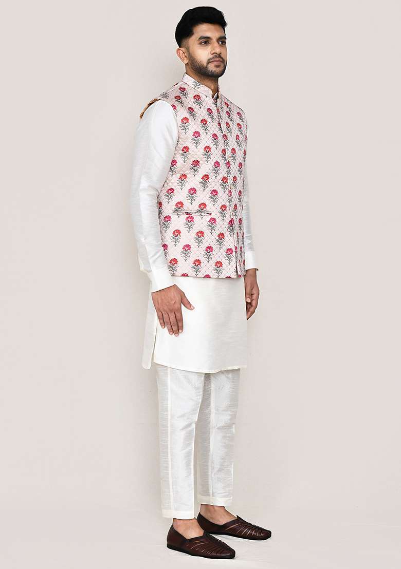 White Printed Art Silk Nehru Jacket Set For Men - Indya