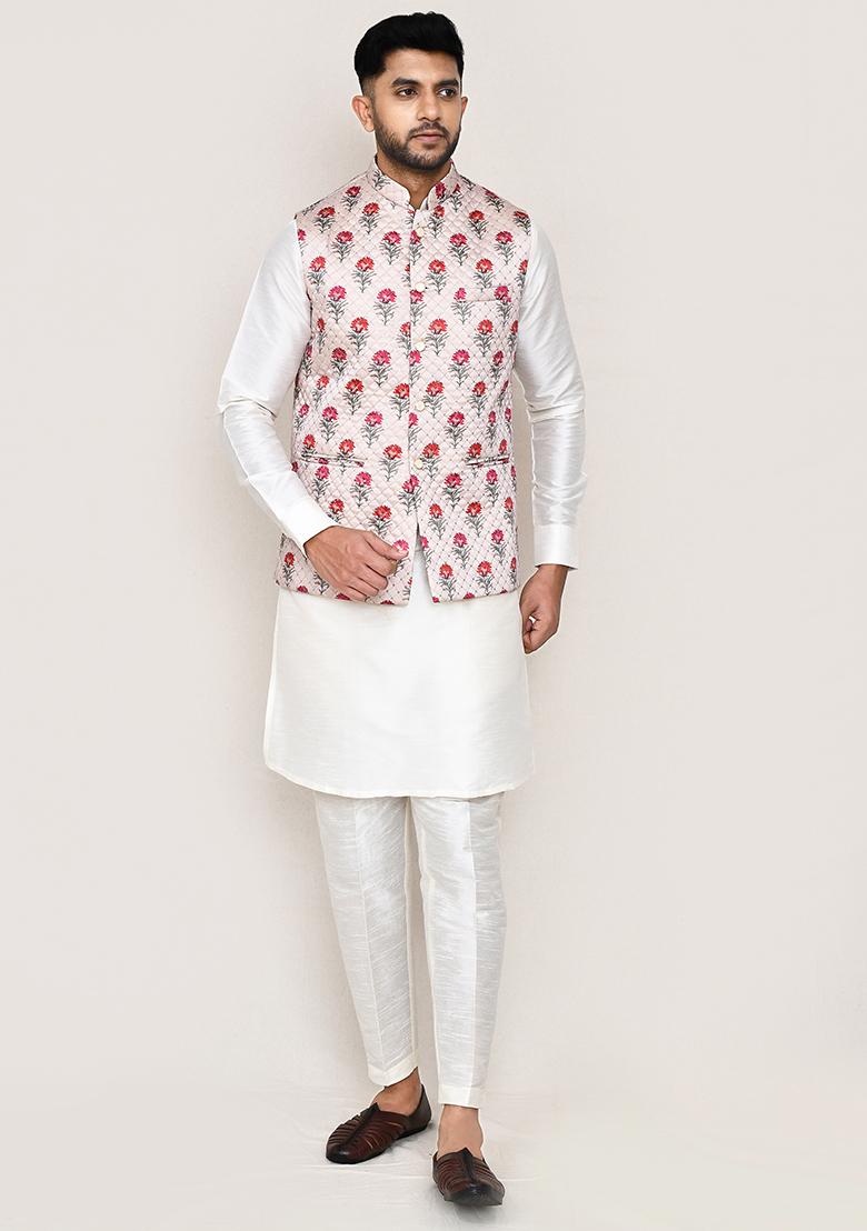 White Printed Art Silk Nehru Jacket Set For Men