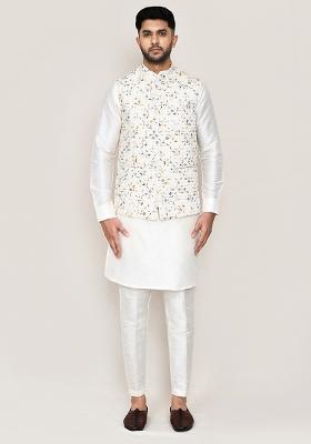 White Thread Work Art Silk Nehru Jacket Set For Men