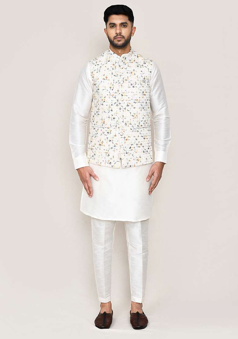 White Thread Work Art Silk Nehru Jacket Set For Men - Indya