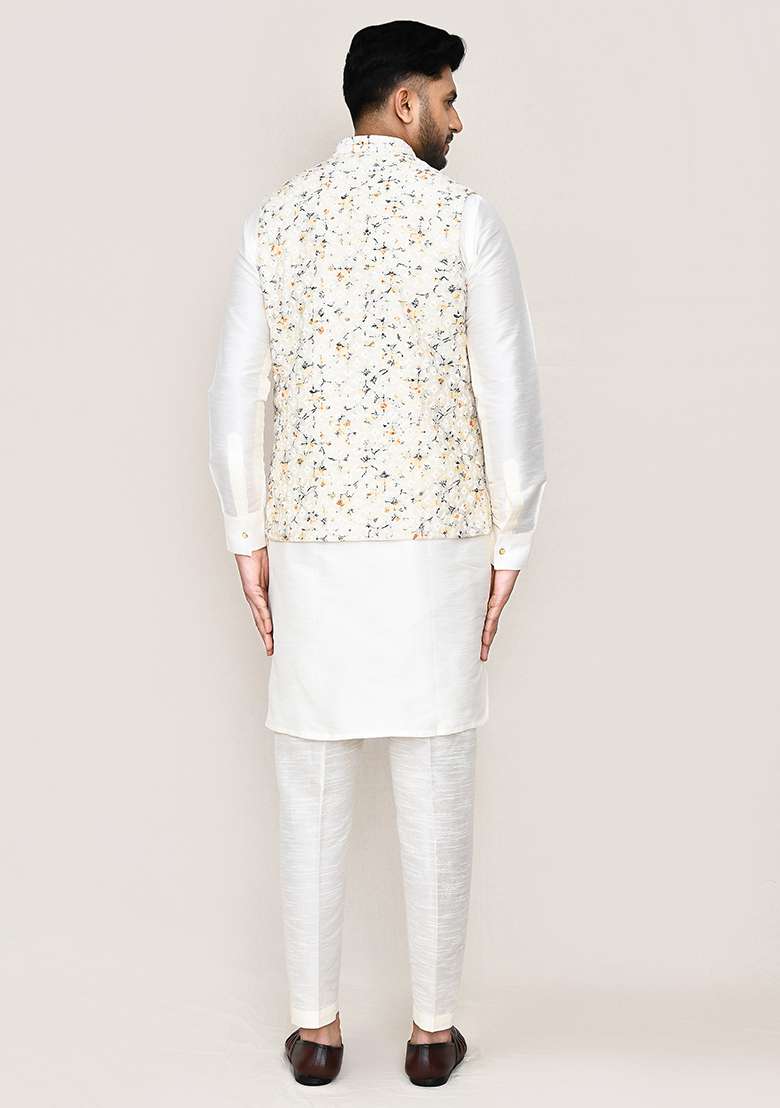White Thread Work Art Silk Nehru Jacket Set For Men - Indya