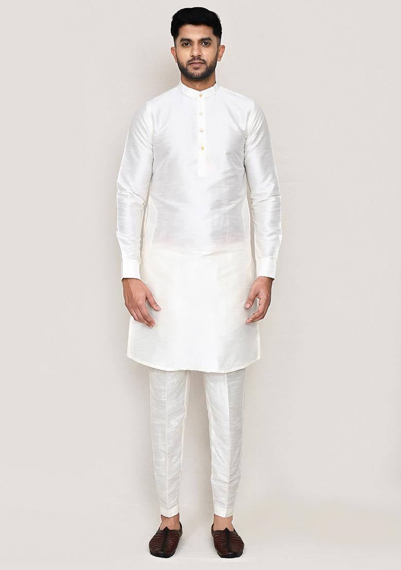 White Thread Work Art Silk Nehru Jacket Set For Men