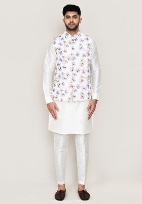 White Thread Work Art Silk Nehru Jacket Set For Men