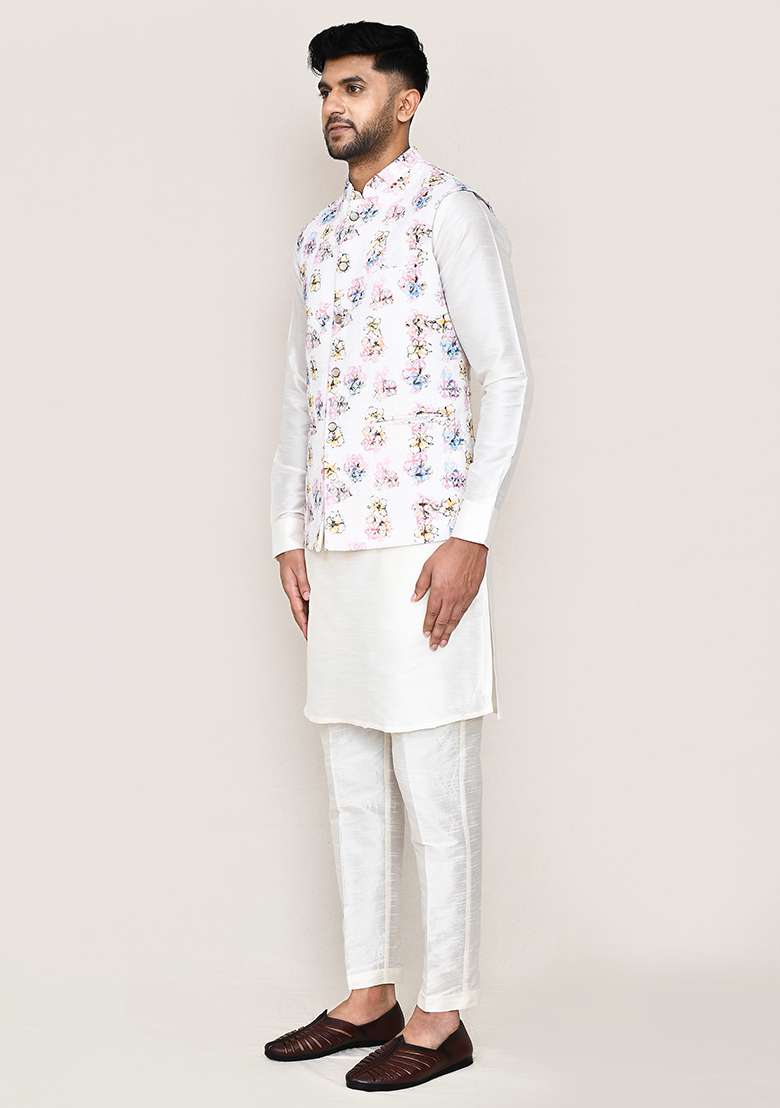 White Thread Work Art Silk Nehru Jacket Set For Men - Indya