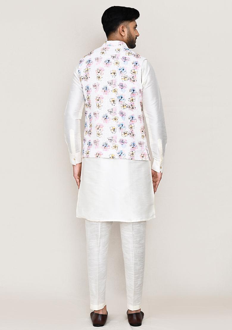 White Thread Work Art Silk Nehru Jacket Set For Men