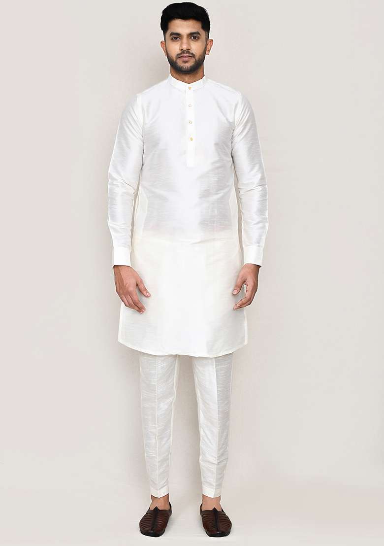 White Thread Work Art Silk Nehru Jacket Set For Men - Indya