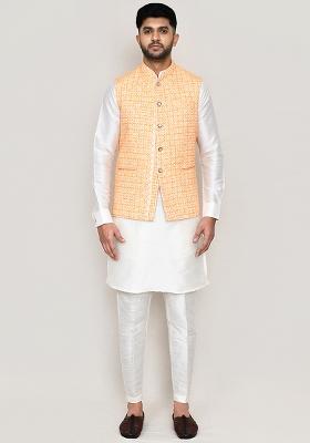 White Thread Work Art Silk Nehru Jacket Set For Men