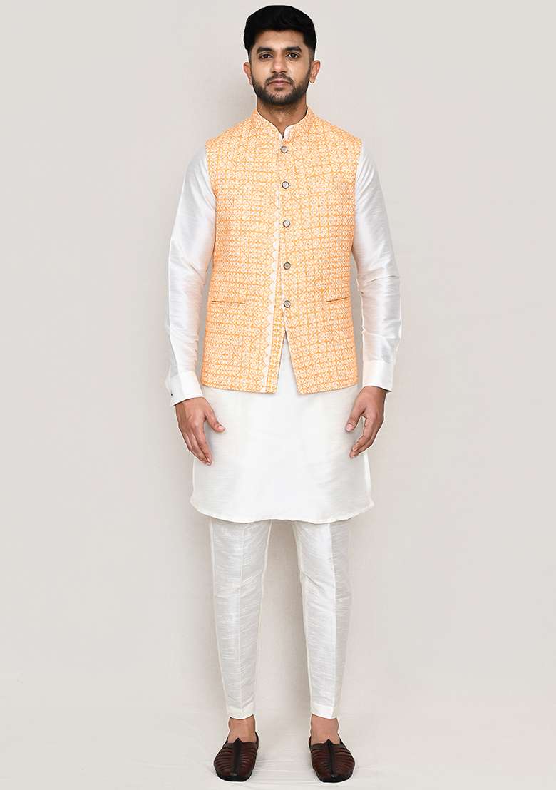 White Thread Work Art Silk Nehru Jacket Set For Men - Indya