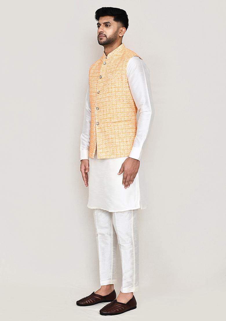 White Thread Work Art Silk Nehru Jacket Set For Men