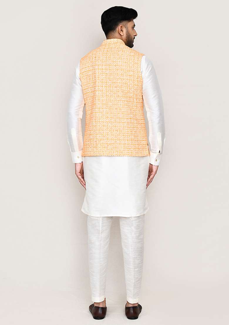 White Thread Work Art Silk Nehru Jacket Set For Men - Indya