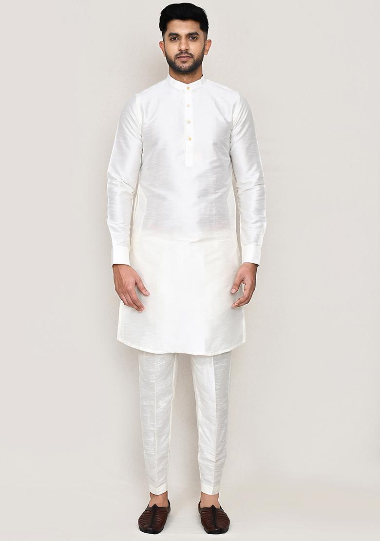 White Thread Work Art Silk Nehru Jacket Set For Men