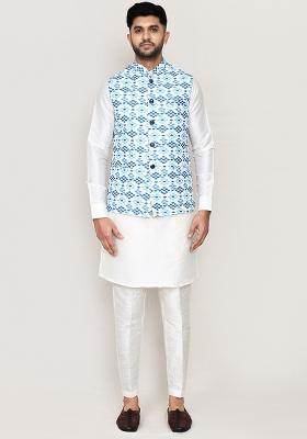 White Printed Art Silk Nehru Jacket Set For Men