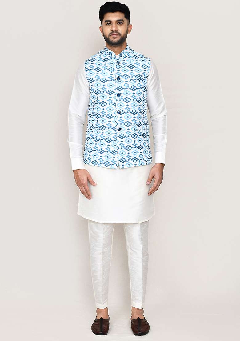White Printed Art Silk Nehru Jacket Set For Men - Indya
