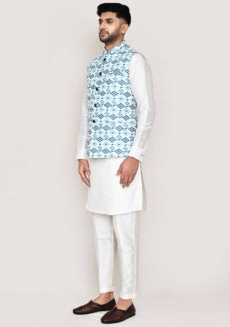 White Printed Art Silk Nehru Jacket Set For Men