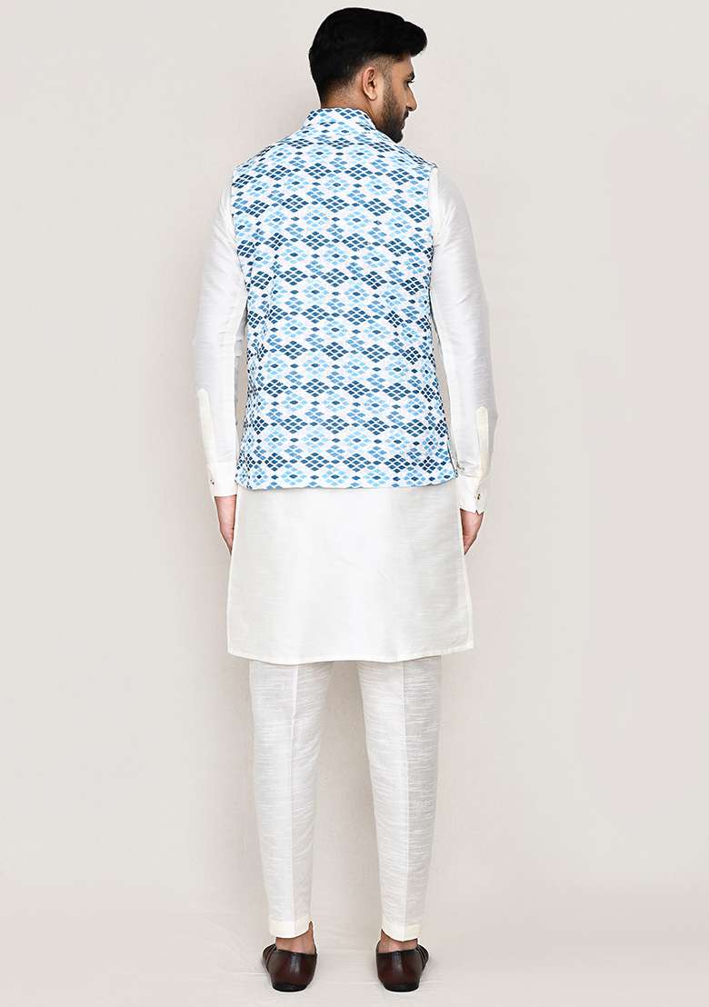 White Printed Art Silk Nehru Jacket Set For Men - Indya