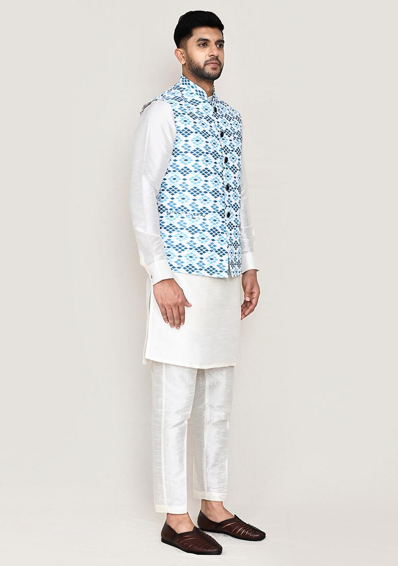 White Printed Art Silk Nehru Jacket Set For Men