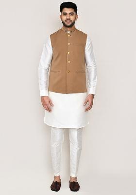 White Embroidered Art Silk Nehru Jacket Set For Men