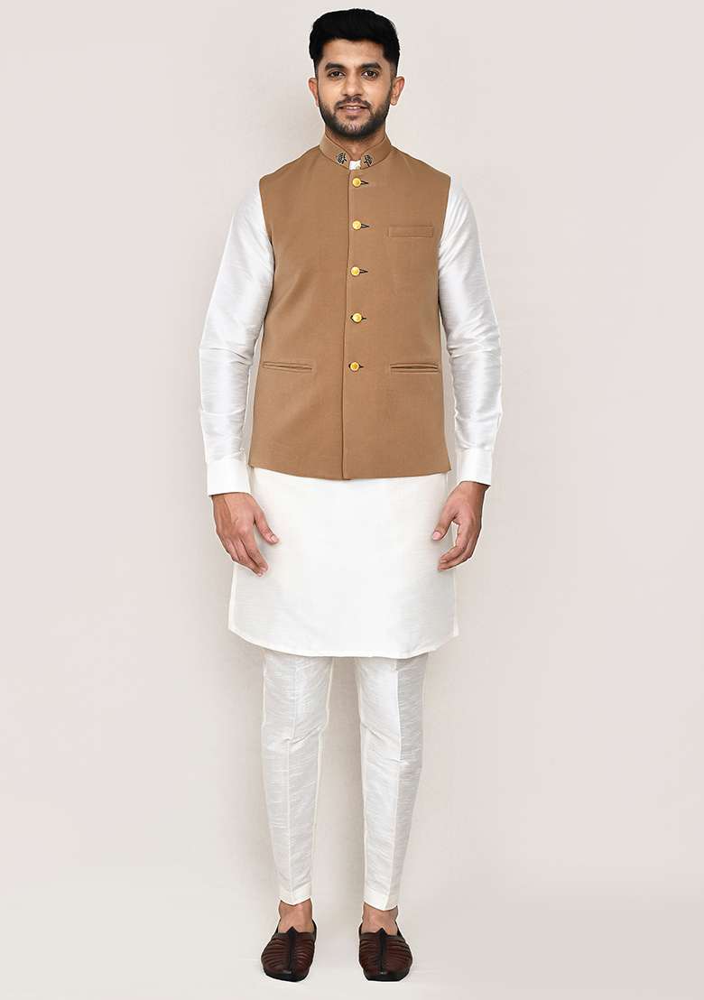 White Embroidered Art Silk Nehru Jacket Set For Men - Indya
