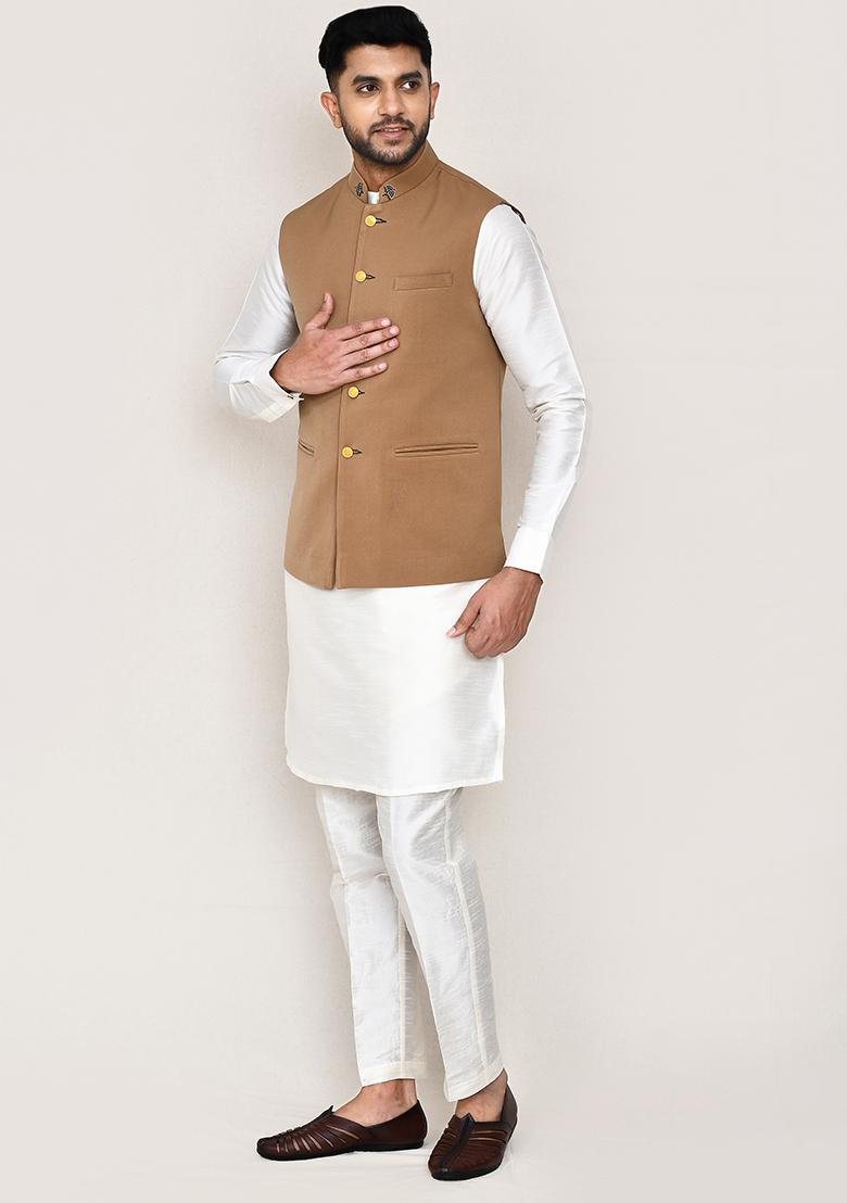 White Embroidered Art Silk Nehru Jacket Set For Men
