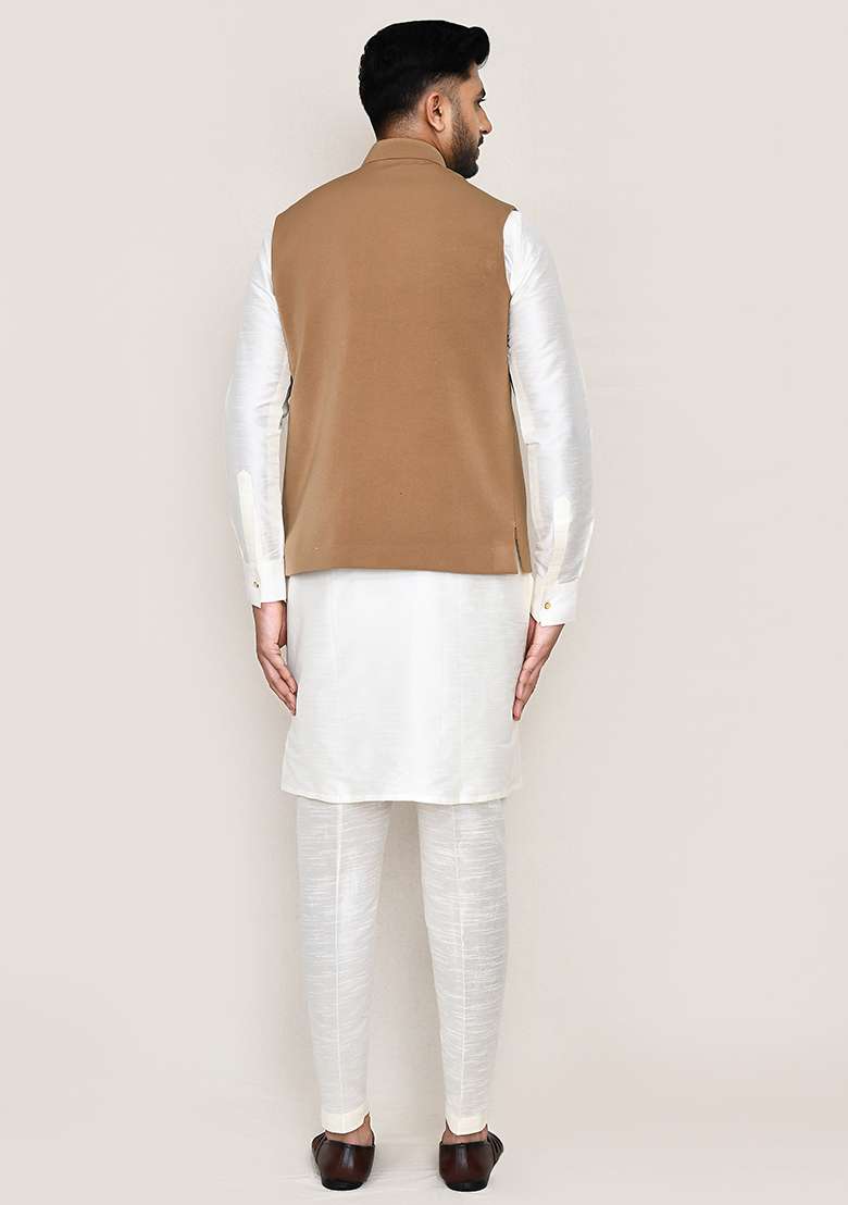 White Embroidered Art Silk Nehru Jacket Set For Men - Indya