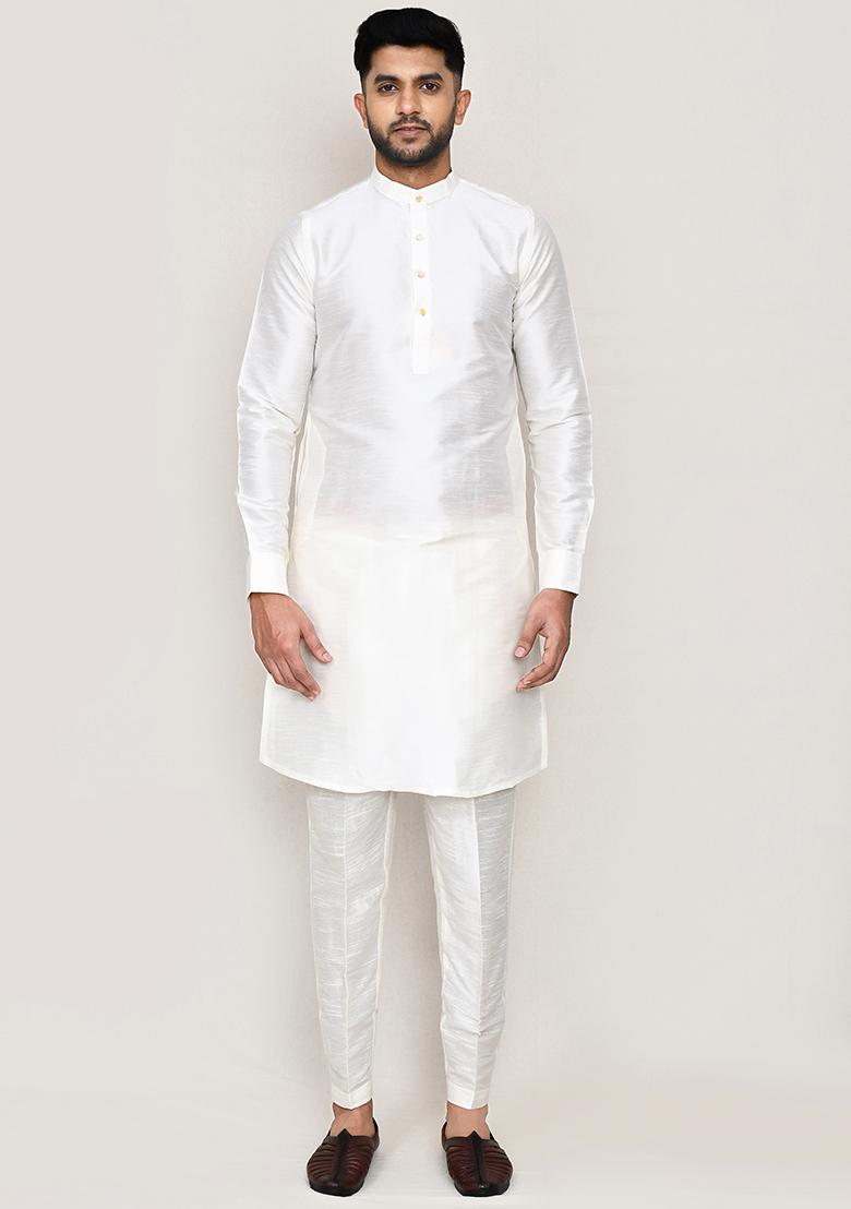 White Embroidered Art Silk Nehru Jacket Set For Men